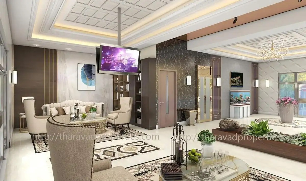Lounge seating with patterned marble flooring