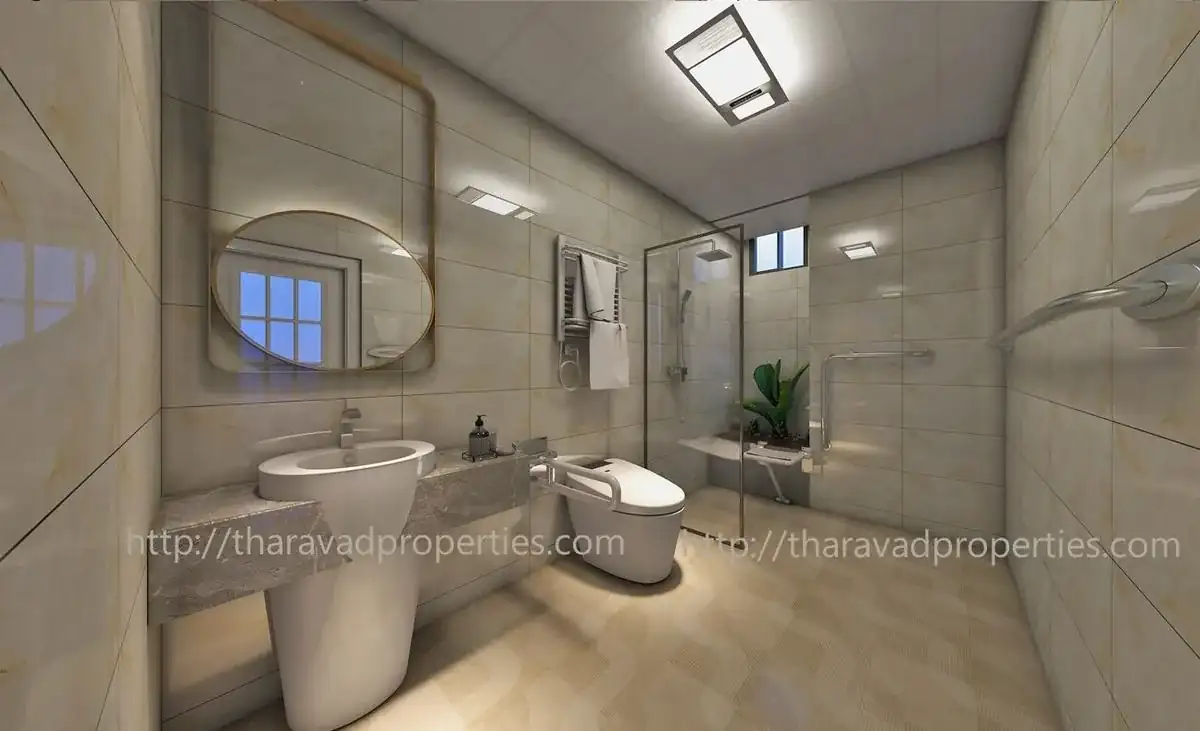 Bathroom with pedestal basin and glass shower