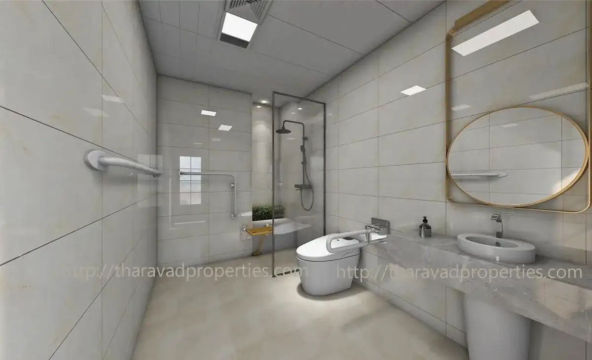 Bathroom with walk-in shower and grab rails