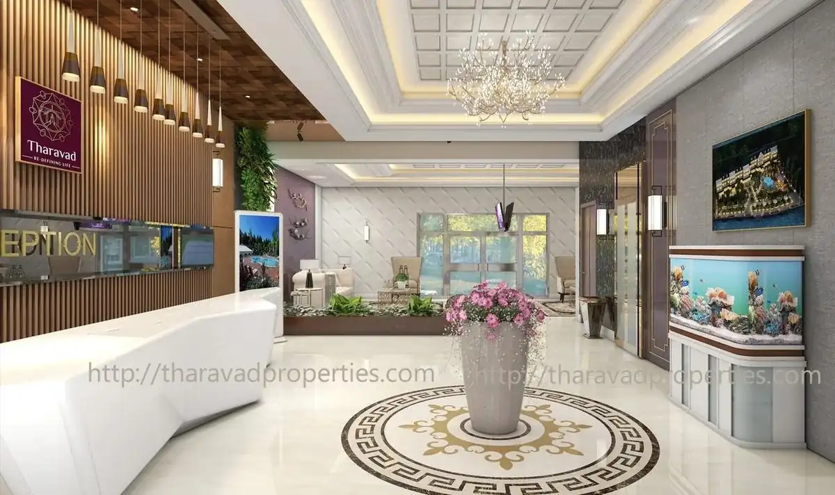 Lobby with marble floor medallion and chandelier